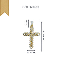 The Lab Diamond Cuban Link Cross Pendant, with gold and silver twisted rope detailing, measures 81.69mm tall by 33.6mm wide. GOLDZENN is displayed above the pendant on a white background.