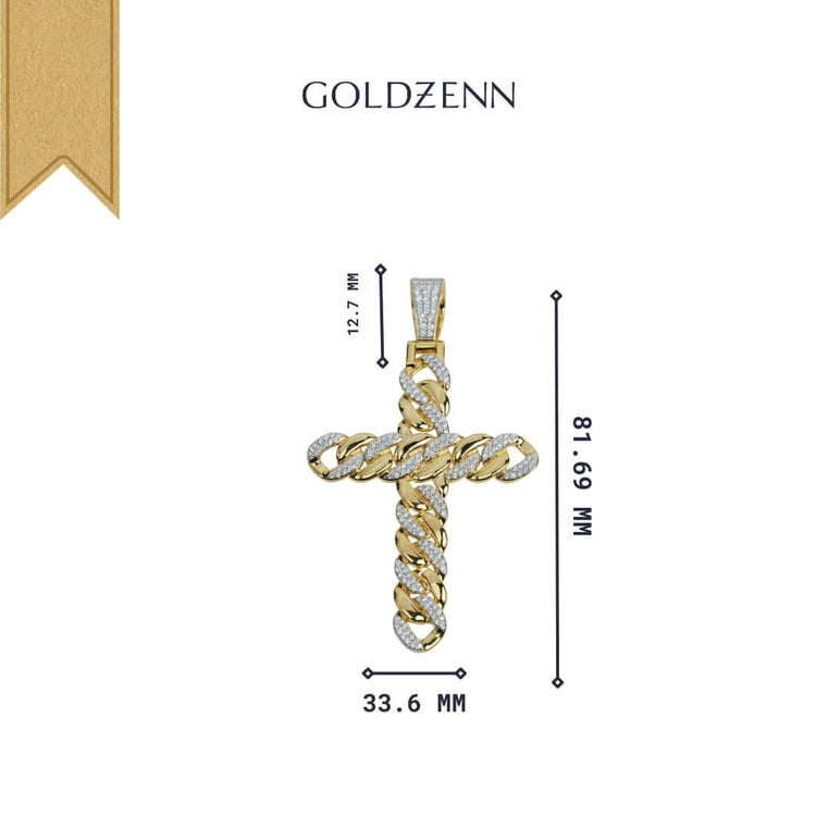 The Lab Diamond Cuban Link Cross Pendant, with gold and silver twisted rope detailing, measures 81.69mm tall by 33.6mm wide. GOLDZENN is displayed above the pendant on a white background.