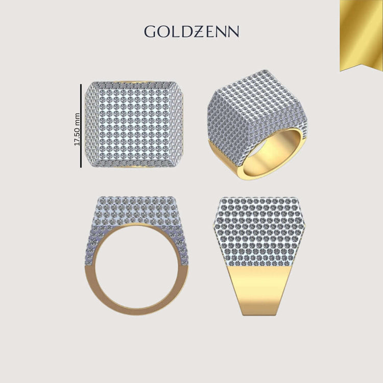 The Cube Pavé Diamond Ring – 5.50 CT Men's Gold Design features a flat, square top set with lab-grown diamonds. Shown in four views—top (17.50 mm), side, front, and angled—the word GOLDZENN appears above the image.