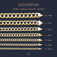 A chart of various chains, featuring classic options such as the Curb Link Chain - 14mm-15mm Solid Yellow Gold and other elegant 14K gold chains.