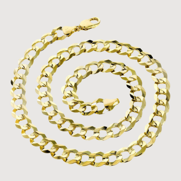 The Curb Link Chain - 2mm-5.5mm Solid Yellow Gold features a classic curb link design with a lobster clasp, displayed in a spiral arrangement against a plain light background.