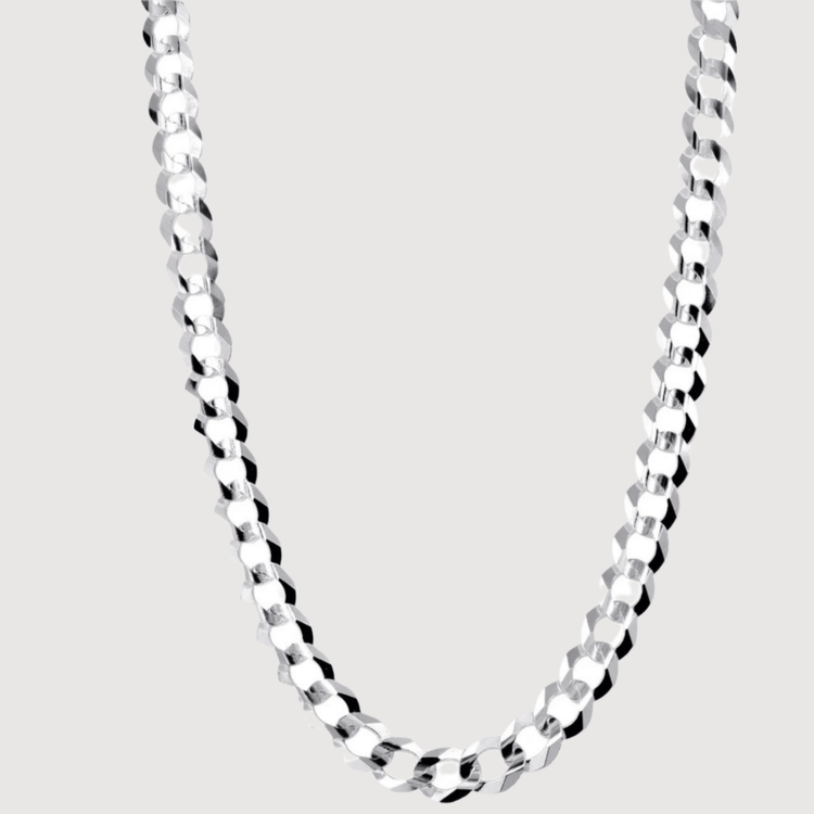 A close-up of the Curb Link Chain - 2mm-5mm Solid White Gold necklace, featuring thick, flat interlocking links in 14k white gold, displayed on a plain light background.