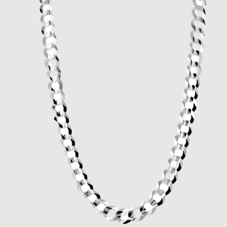A close-up of the Curb Link Chain - 6mm-9.5mm Solid White Gold featuring thick, interlocking links in 14K white gold, set against a plain light gray background.