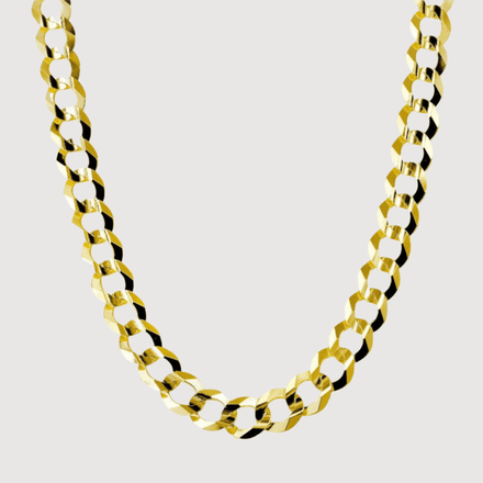 A close-up of the Curb Link Chain - 7mm-13mm Solid Yellow Gold, featuring thick, flat, interlocking links, displayed against a plain white background.