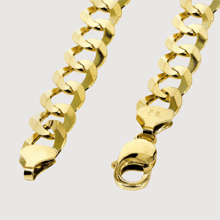 Close-up of two Curb Link Chain bracelets (7mm-13mm, solid yellow gold) with large flat interlocking links and lobster claw clasps, displayed on a light gray background.