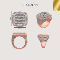The Cushion Baguette Diamond Ring – 6.07 CT Gold Design in rose gold features pavé lab-grown diamonds, shown from top, side, front, and perspective angles (25 mm x 25 mm). GOLDZENN is displayed above with a gold ribbon at the top right corner.
