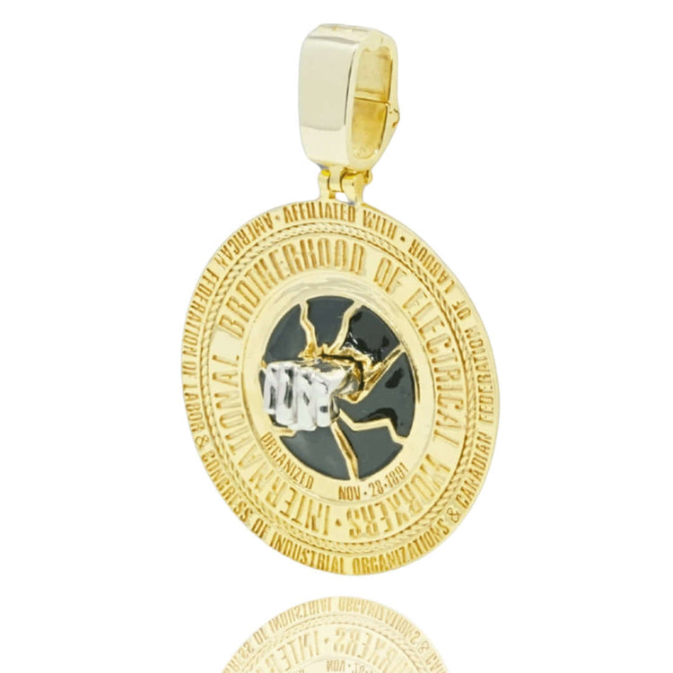 The Custom 10K Electrician Brotherhood Pendant features yellow and white gold, a raised fist with lightning bolts, and a circular frame engraved with International Brotherhood of Electrical Workers.