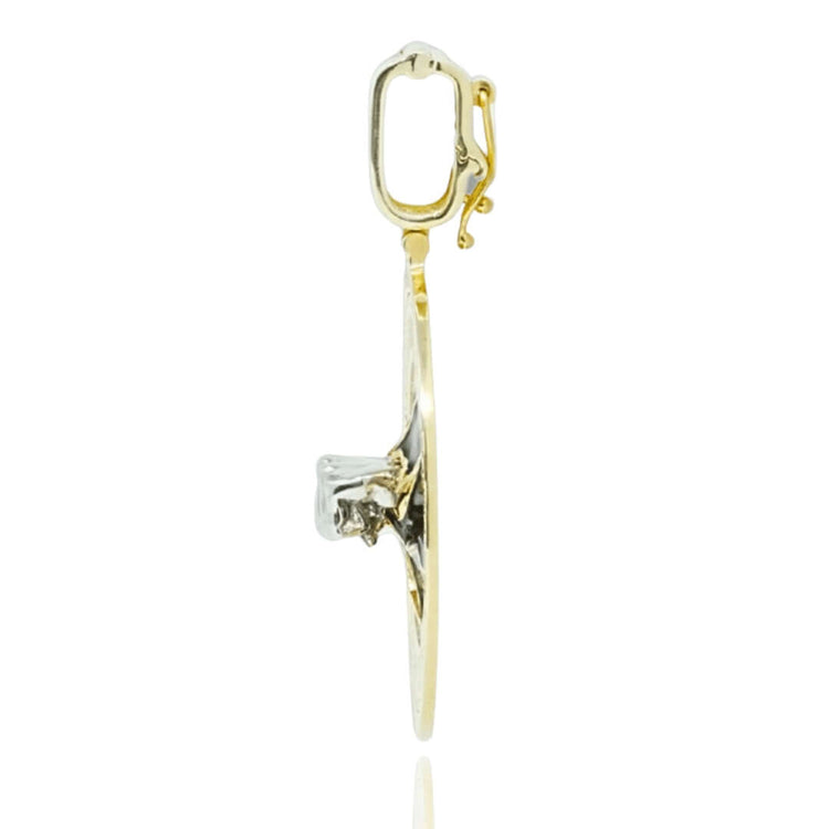 Side view of the Custom 10K Electrician Brotherhood Pendant in yellow and white gold, featuring a dangling oval shape with a clear gemstone at the center and a latch-back clasp, inspired by custom gold pendant designs.