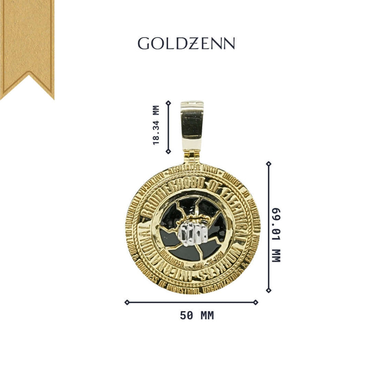 The Custom 10K Electrician Brotherhood Pendant features a raised fist design at its center, textured concentric circles, and the Goldzenn logo at the top. Crafted in 10K yellow and white gold. Dimensions: 18.34mm H x 50mm W x 69.91mm L.