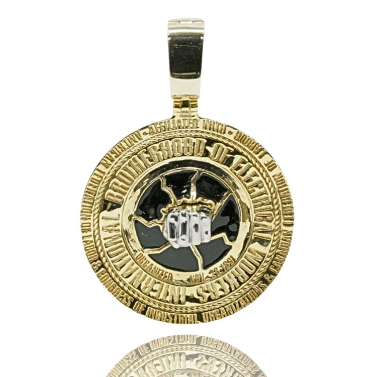 The Custom 10K Electrician Brotherhood Pendant features yellow and white gold, engraved with "International Brotherhood of Electrical Workers" and a raised fist with lightning bolts on a black background.