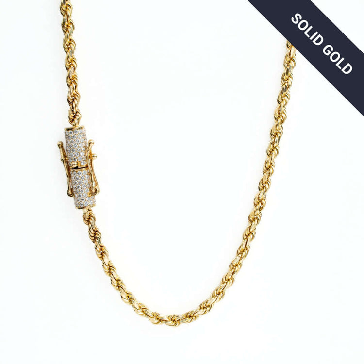 The Rope Chain with Custom Diamond Lock - 4mm 14k Gold necklace features a rectangular, diamond-encrusted clasp and elegant diamond lock, displayed on a white background with a dark corner banner reading "SOLID GOLD" in white text.
