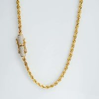 The Rope Chain with Custom Diamond Lock - 4mm 14k Gold is shown against a plain white background, featuring a cylindrical, diamond-encrusted lock.
