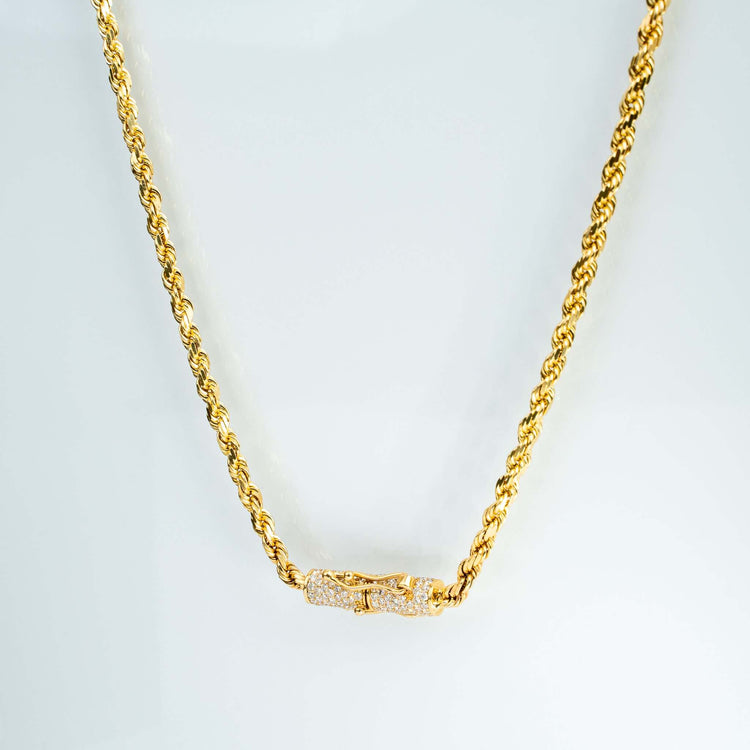 The Rope Chain with Custom Diamond Lock - 4mm 14k Gold features a textured twist design and a diamond lock set with sparkling stones, shown against a plain white background.