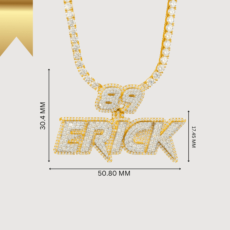 The Custom Diamond Name Pendant - Solid Yellow Gold features diamonds and 14K gold, with a personalized "89 ERICK" nameplate. Pendant dimensions are 50.80 mm wide, 30.4 mm tall, and 14.5 mm thick.