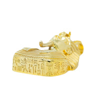 The Custom King Tut Pendant – Egyptian Pharaoh features a gold sarcophagus design with engraved hieroglyphics and a pharaoh’s mask, ideal for fans of ancient Egyptian jewelry and King Tut gold pendant styles.