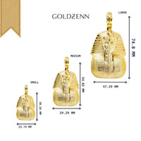 Three Custom King Tut Pendant – Egyptian Pharaoh pieces—small, medium, and large—each with listed dimensions. These ornate gold pendants are shown on a white background with the GOLDZENN brand name at the top.