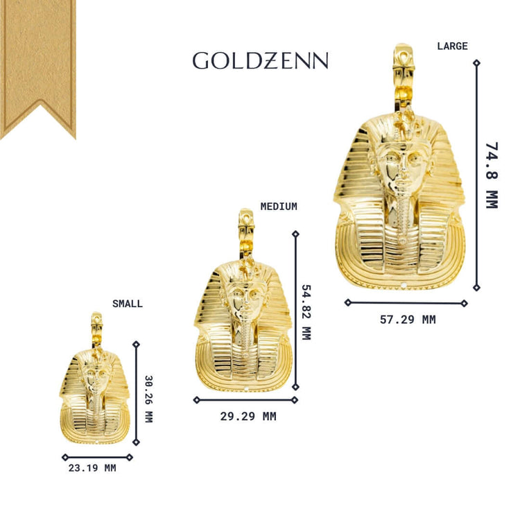 Three Custom King Tut Pendant – Egyptian Pharaoh pieces—small, medium, and large—each with listed dimensions. These ornate gold pendants are shown on a white background with the GOLDZENN brand name at the top.