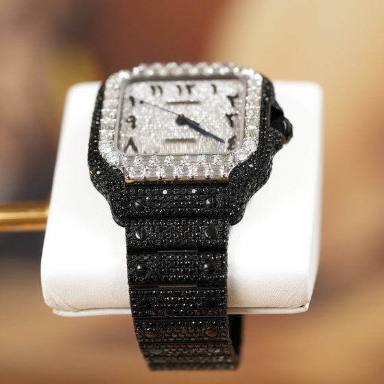 Cartier Santos Watch- Automatic 39.8mm - Black Iced Out. Showing the side view detail of the watch.