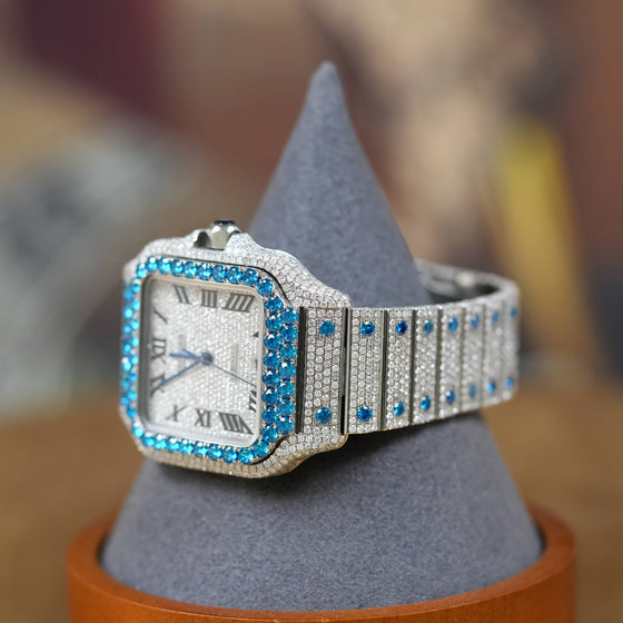 Cartier Santos Automatic 39.8mm - Blue Iced Out. Showing the side view detail of the watch.