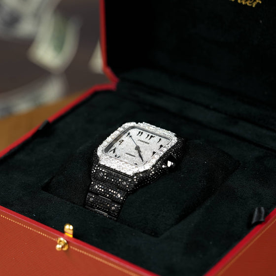 Cartier Santos Watch- Automatic 39.8mm - Black Iced Out- Showing the watch detail in a box.