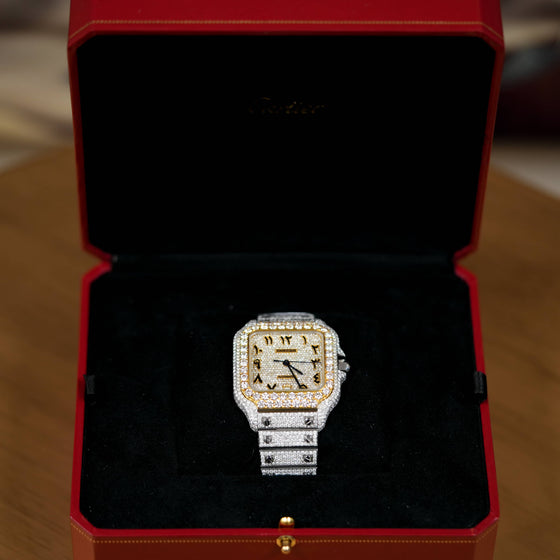 Cartier Santos- Automatic 40mm - Arabic Iced Out  | GOLDZENN- Showing the watch detail in a box.