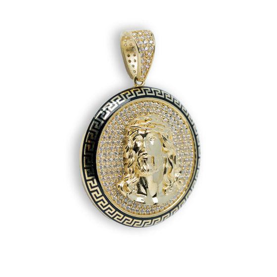 Christ Circular Portrait Pendant - 10k Gold| GOLDZENN- Showing the pendant's side view detail.