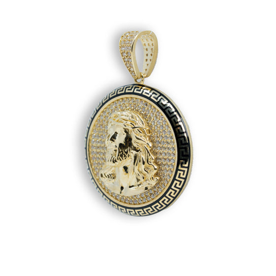 Christ Circular Portrait Pendant - 10k Gold| GOLDZENN- Showing the pendant's side view detail.