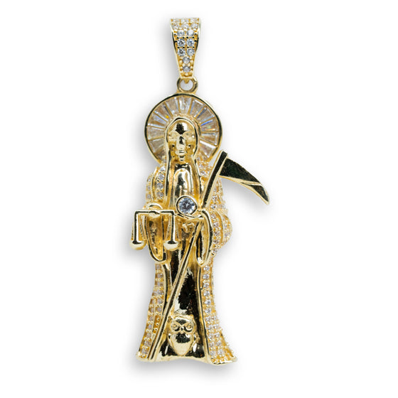 10k Gold Santa Muerte with CZ Small Pendant| GOLDZENN- Showing the pendant's full detail.