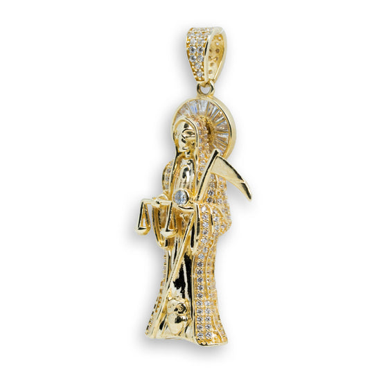 10k Gold Santa Muerte with CZ Small Pendant| GOLDZENN- Showing the side view detail of the pendant.