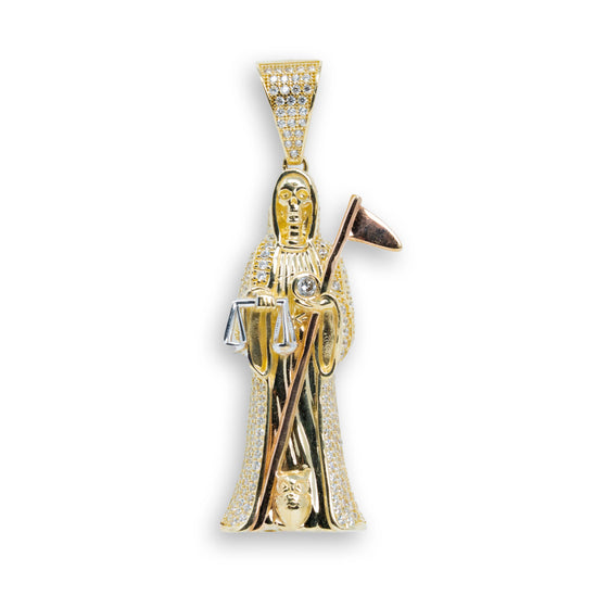 Grim Reaper / Santa Muerte CZ Pendant - 10k Gold| GOLDZENN- Showing the pendant's full detail.