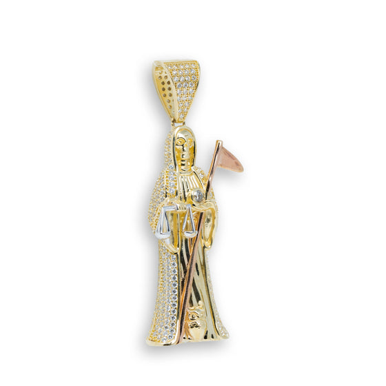 Grim Reaper / Santa Muerte CZ Pendant - 10k Gold| GOLDZENN- Showing the side view detail of the pendant.