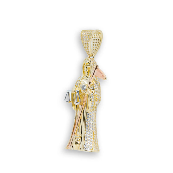 Grim Reaper / Santa Muerte CZ Pendant - 10k Gold| GOLDZENN- Showing the other side view detail of the pendant.