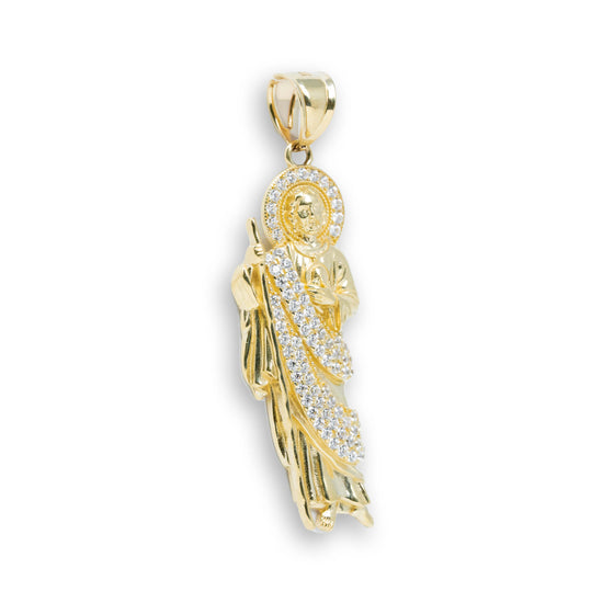 Saint Jude with CZ - 14k Gold Pendant| GOLDZENN- Side view detail of the pendant.