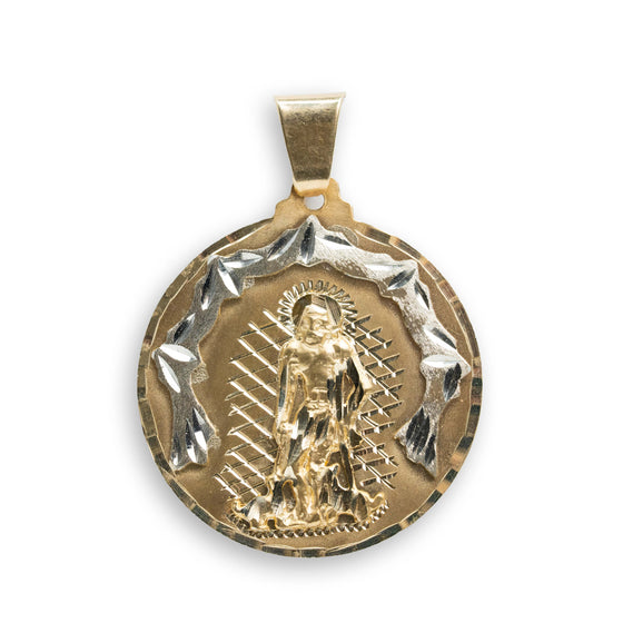 Saint Lazarus Circular Pendant - 14k Solid Gold| GOLDZENN- Showing the pendant's full detail.