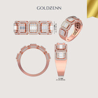Four views of the Diamond Band – 2.05 CT Baguette and Pavé Design in rose gold, featuring rectangular and square white stones in geometric patterns. Shown with measurements and the GOLDZENN brand name above.