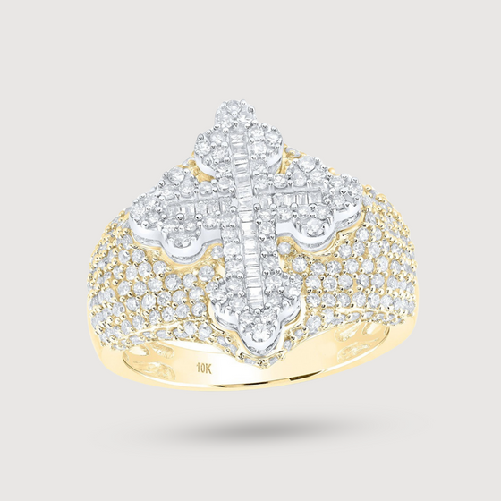 Diamond Cross Men's Ring in 10k Yellow Gold, featuring 2ctw natural diamonds. | GOLDZENN