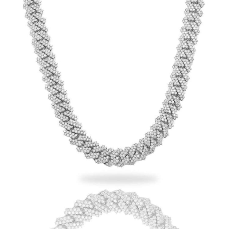 The Diamonds Cuban Link Chain features an 8mm-17.5mm solid white gold braided design, set with rows of sparkling natural diamonds and shown on a white background with a subtle reflection below.