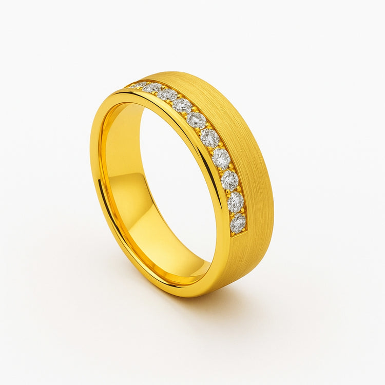 The Men's Wedding Band Brushed White Gold with Lab Diamond Inlay features a matte finish and a channel of round lab diamonds along the top, shown on a plain white background.