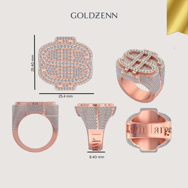 Five views of the GOLDZENN Dollar Sign Diamond Ring – 4.32 CT Pavé Design, a gold men’s ring with sparkling stones, “Livin large” engraved inside, and measurements marked. The GOLDZENN brand name appears at the top.