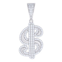 The Moissanite Dollar Sign Currency Fashion Charm Pendant features sparkling white stones set in sterling silver, with a top loop for easy attachment to your favorite chain—a luxurious and stylish jewelry piece.