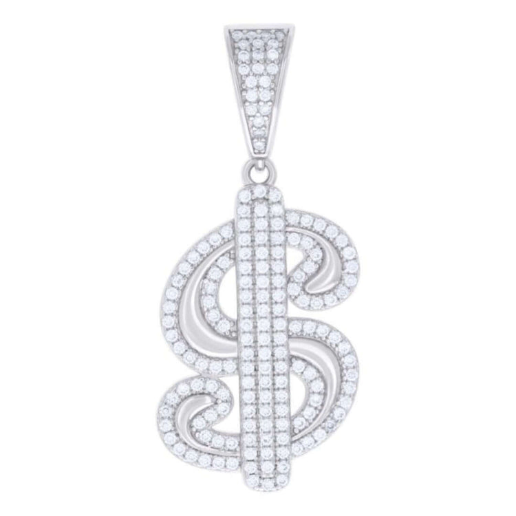 The Moissanite Dollar Sign Currency Fashion Charm Pendant features sparkling white stones set in sterling silver, with a top loop for easy attachment to your favorite chain—a luxurious and stylish jewelry piece.