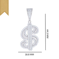 The Moissanite Dollar Sign Currency Fashion Charm Pendant features shimmering stones in sterling silver, measures 44.3mm x 18.8mm, and is accented with a gold ribbon in the top left corner for a refined look.