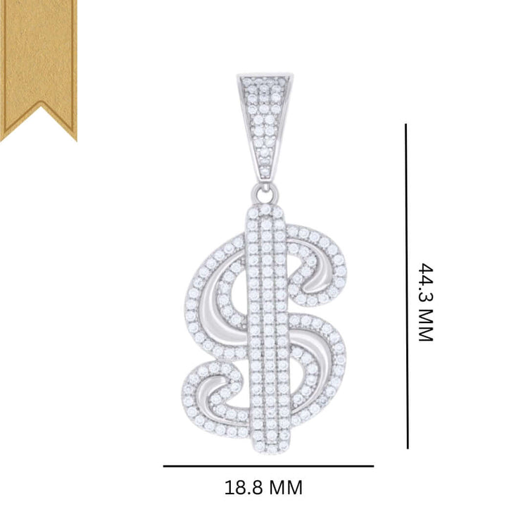 The Moissanite Dollar Sign Currency Fashion Charm Pendant features shimmering stones in sterling silver, measures 44.3mm x 18.8mm, and is accented with a gold ribbon in the top left corner for a refined look.