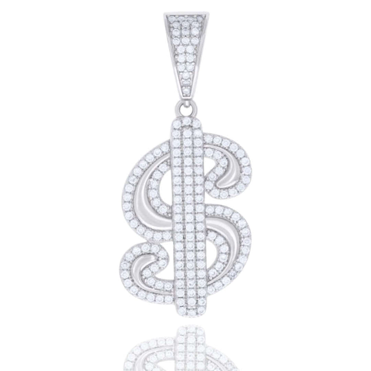 The Moissanite Dollar Sign Currency Fashion Charm Pendant features sparkling white stones in sterling silver, hanging from a jewel-studded bail—a bold luxury piece for statement makers.