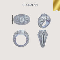 Four views of the Domed Pavé Diamond Ring – 5.84 CT Gold Design, adorned with lab-grown diamonds, are displayed on a light background. A 20 mm scale appears in the top left; GOLDZENN is above, with a gold ribbon in the top right corner.