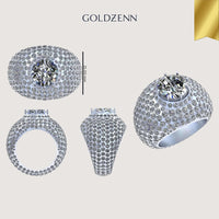 Four views of the Domed Solitaire Diamond Ring – 15.21 CT Gold Design: a luxurious, silver-toned men’s ring with a large central diamond, small diamond accents, gold ribbon detail, GOLDZENN branding, and a 21.00 mm height on a light background.