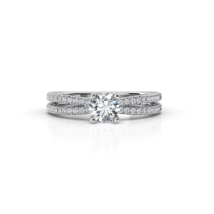 The Double-Band Lab Diamond Engagement Ring with Brilliant Round Center features a round center stone and small diamonds along both bands, shown on a white background.