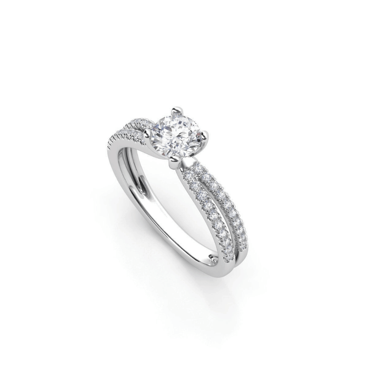 The Double-Band Lab Diamond Engagement Ring with Brilliant Round Center features a round solitaire lab diamond and small accent diamonds on a split white gold band, displayed on a white background.