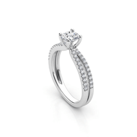 The Double-Band Lab Diamond Engagement Ring with Brilliant Round Center features a white gold setting, a round lab diamond solitaire in four prongs, and two rows of smaller diamonds along its double band.