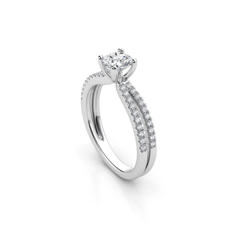 The Double-Band Lab Diamond Engagement Ring with Brilliant Round Center features a white gold setting, a round lab diamond solitaire in four prongs, and two rows of smaller diamonds along its double band.